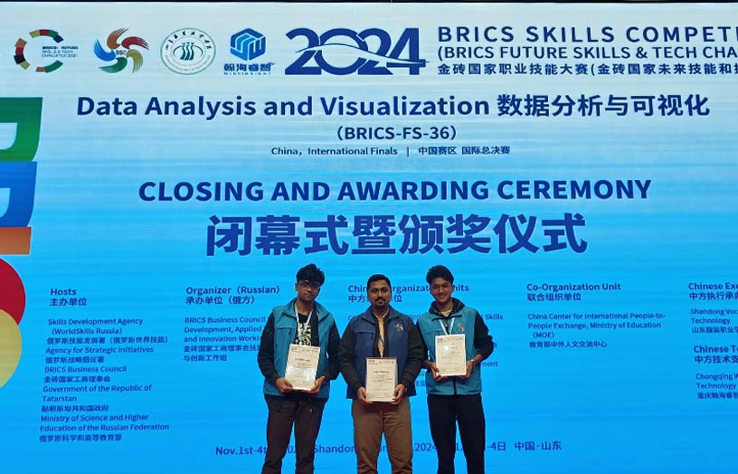 SNU shines at BRICS Skills Competition 2024 with Soumedhik Bharti & Eshita Kundu winning 2nd prizes, Jishnu Baruah securing 3rd, and Dr. Indranil Sarkar honored as - Excellent Guidance Expert